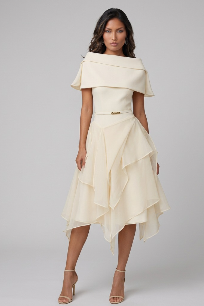 Cream Off-Shoulder Ruffle Midi Dress – Soléne