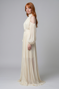 Ivory Cold-Shoulder Pleated Maxi Dress
