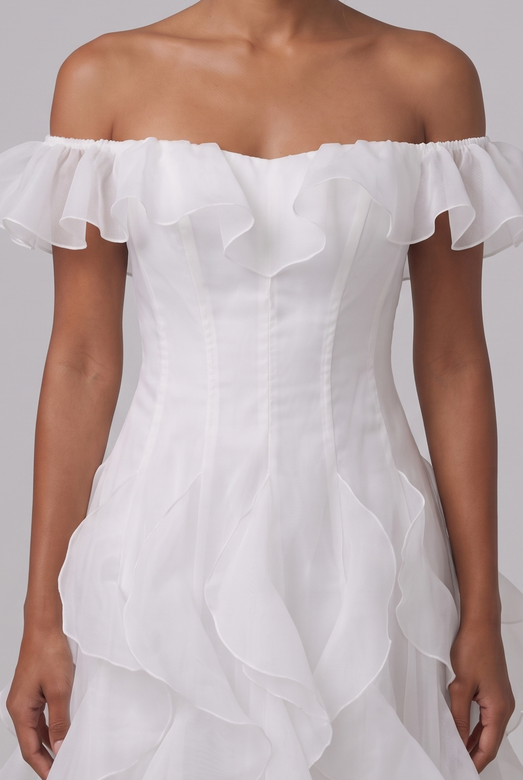White Off-Shoulder Ruffle Organza Gown