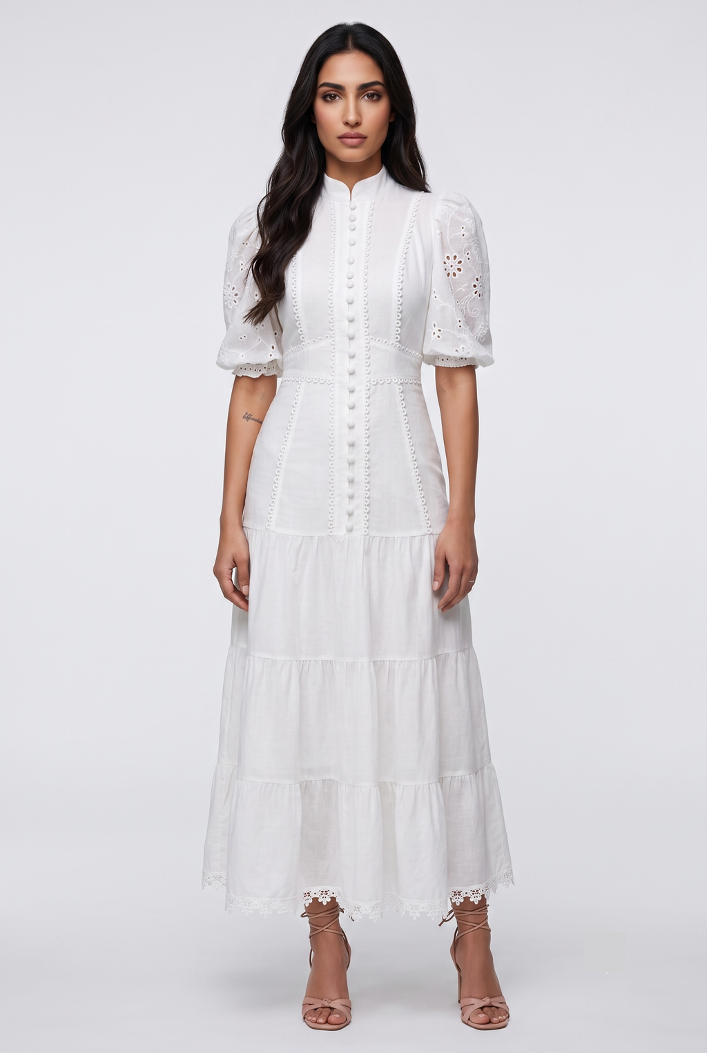 White Half-Sleeve Eyelet Midi Dress