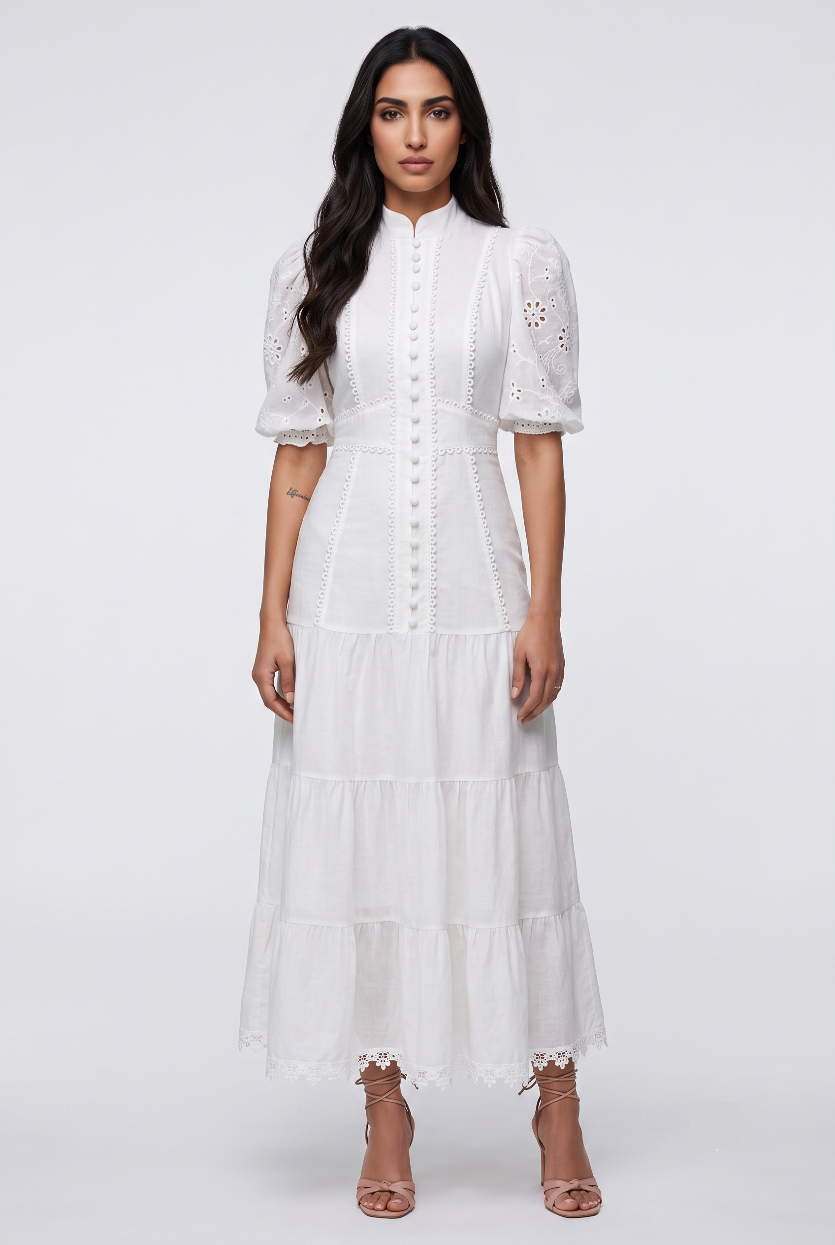 White Half-Sleeve Eyelet Midi Dress