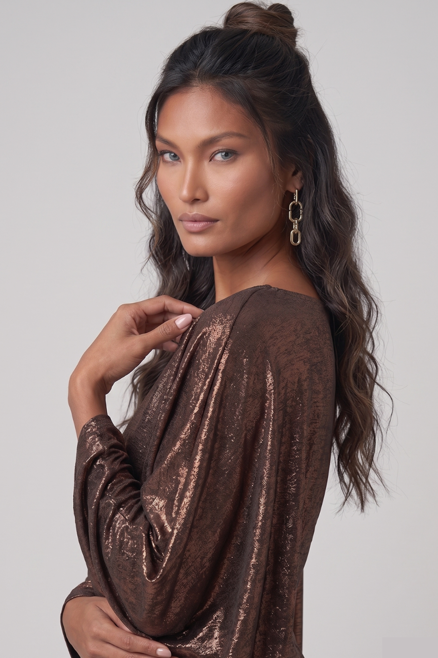 Brown Metallic Butterfly Sleeve Kaftan