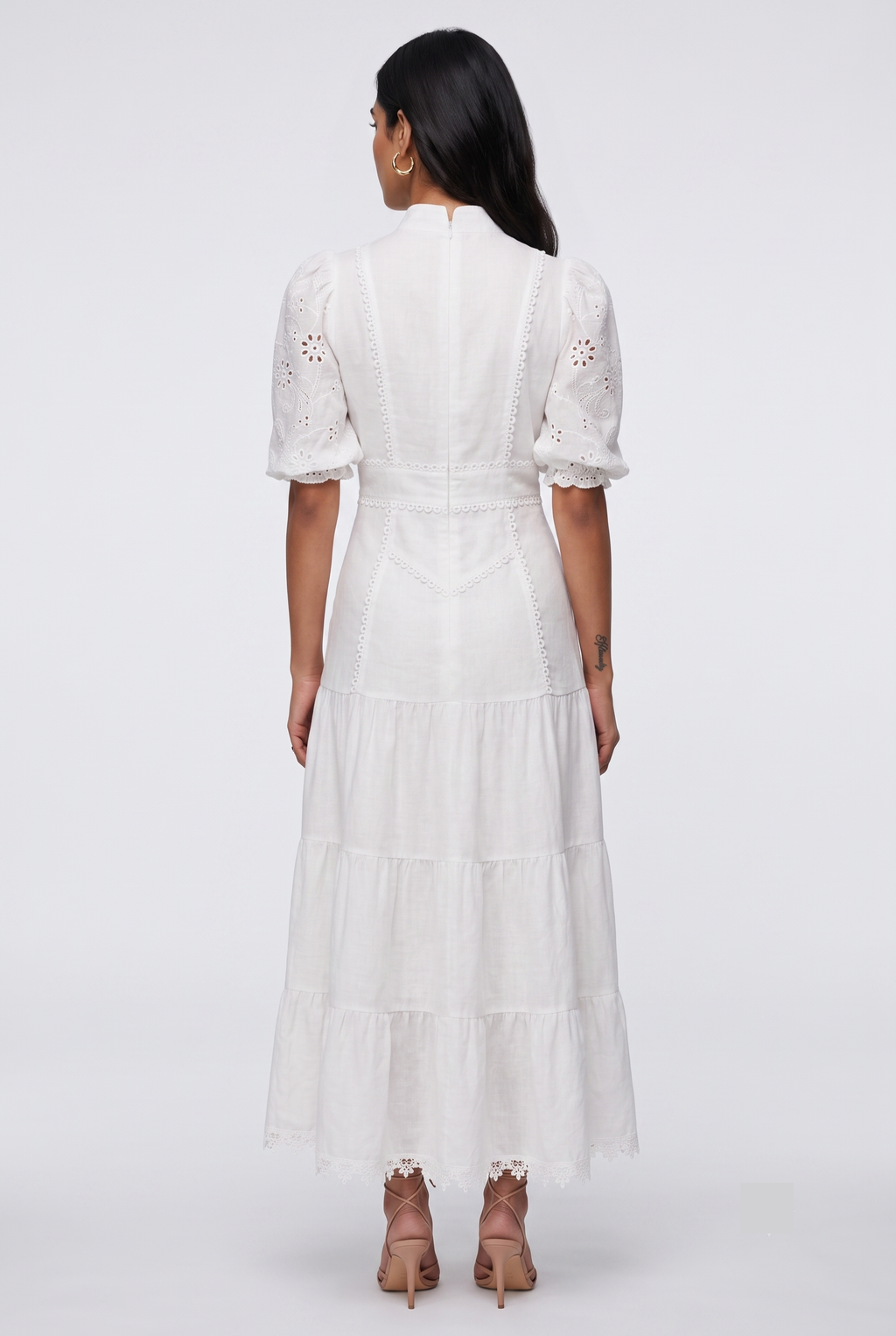 White Half-Sleeve Eyelet Midi Dress
