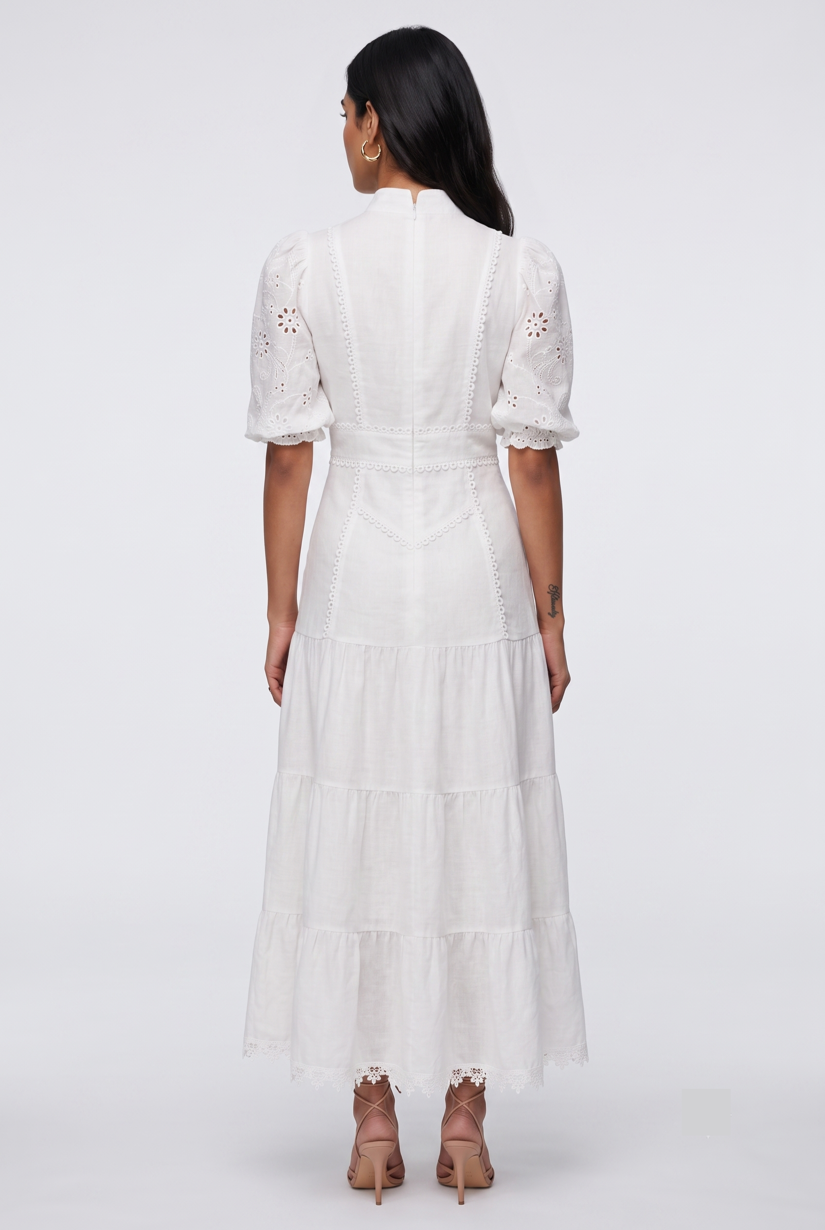 White Half-Sleeve Eyelet Midi Dress
