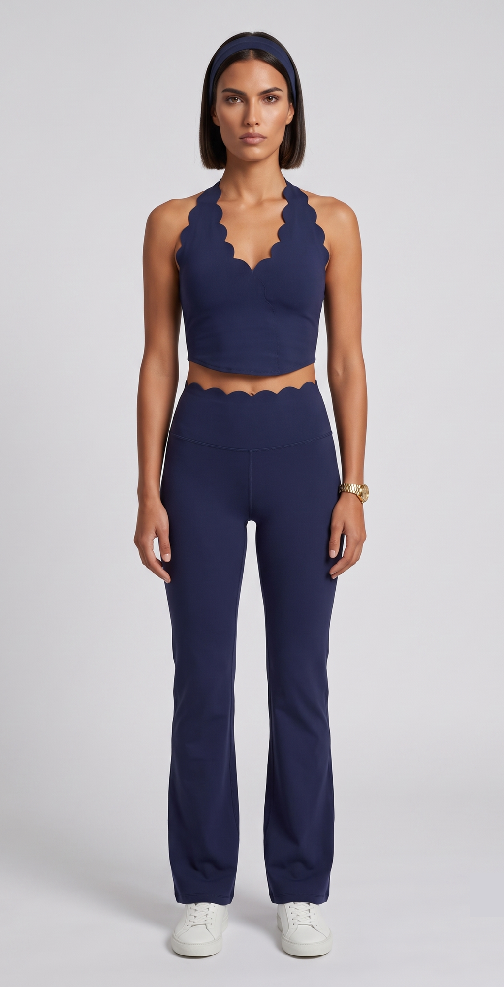 Navy Scalloped Halter Crop Set