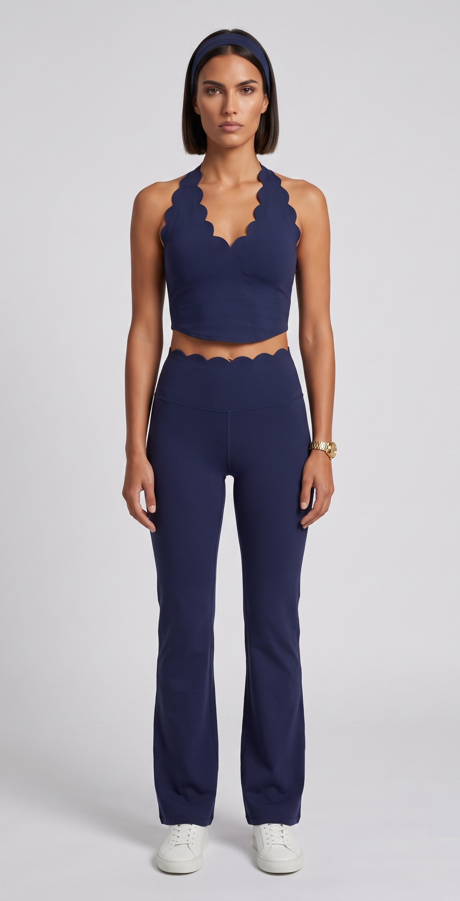 Navy Scalloped Halter Crop Set