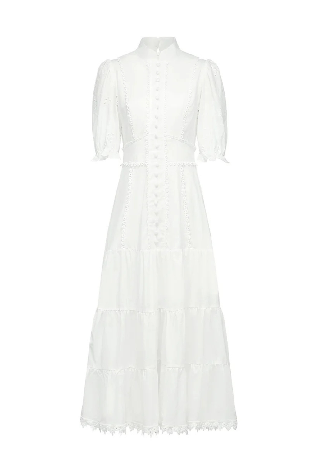 White Half-Sleeve Eyelet Midi Dress