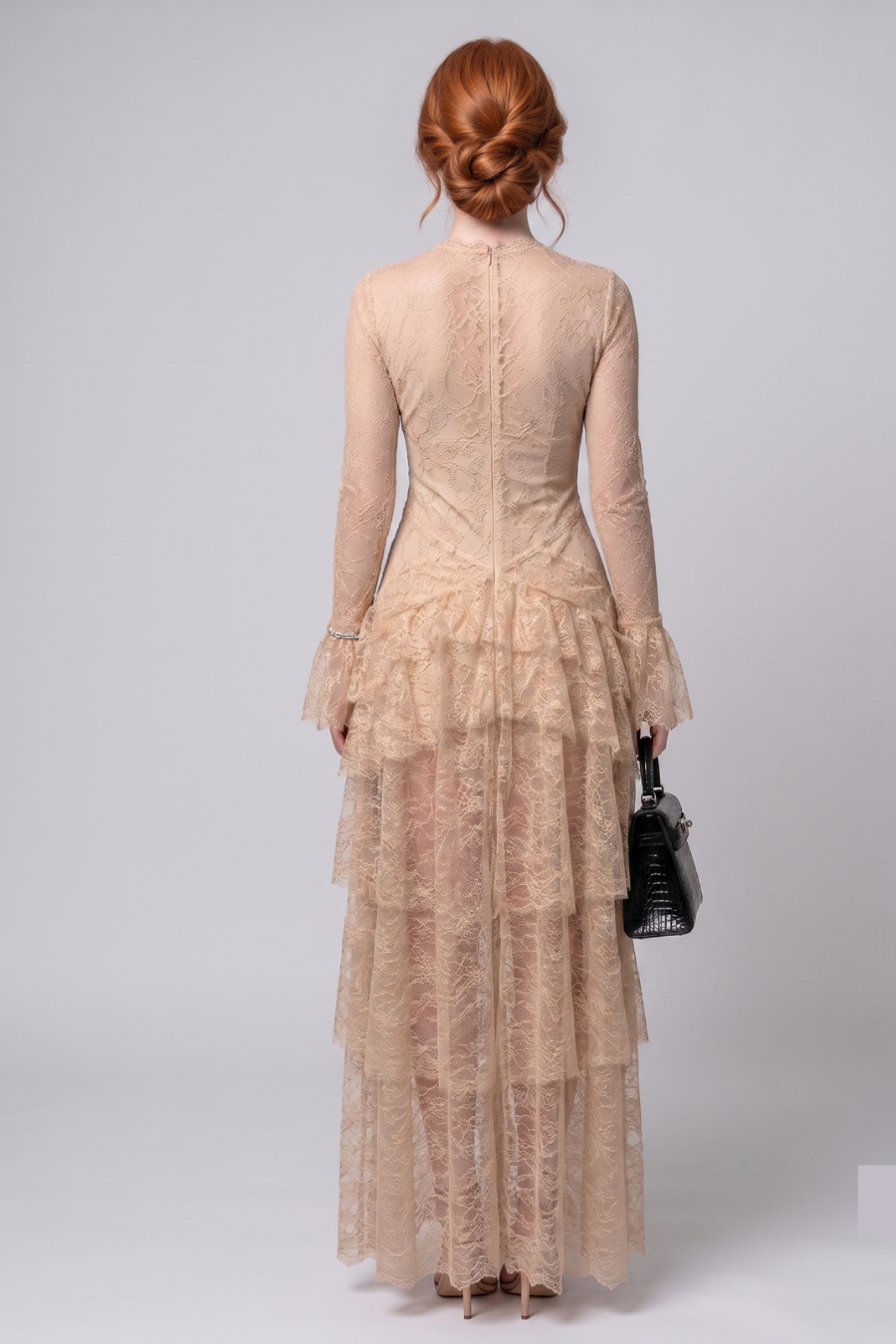 Nude Tiered Lace Maxi Dress