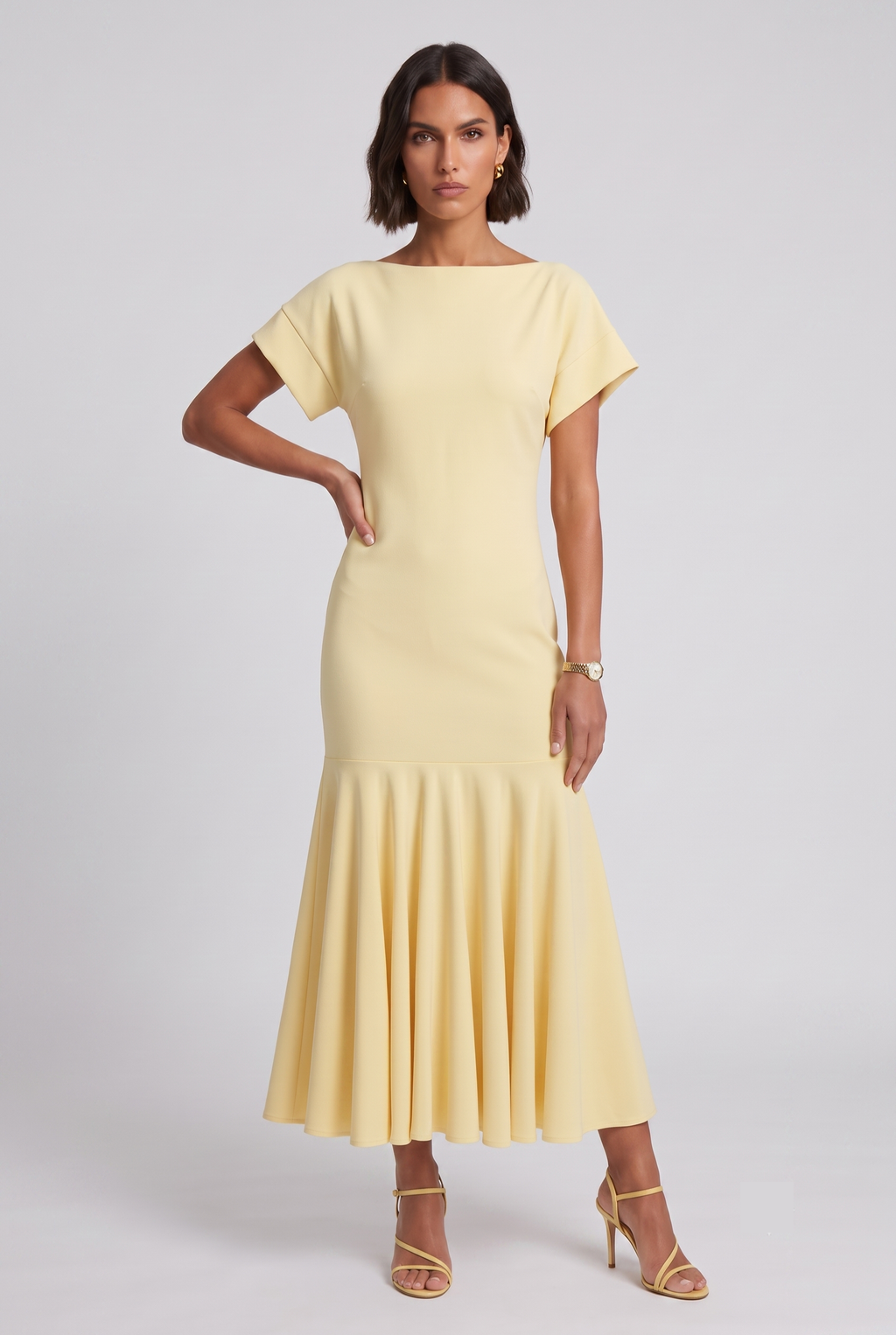 Yellow Boat-Neck Flounce Midi Dress