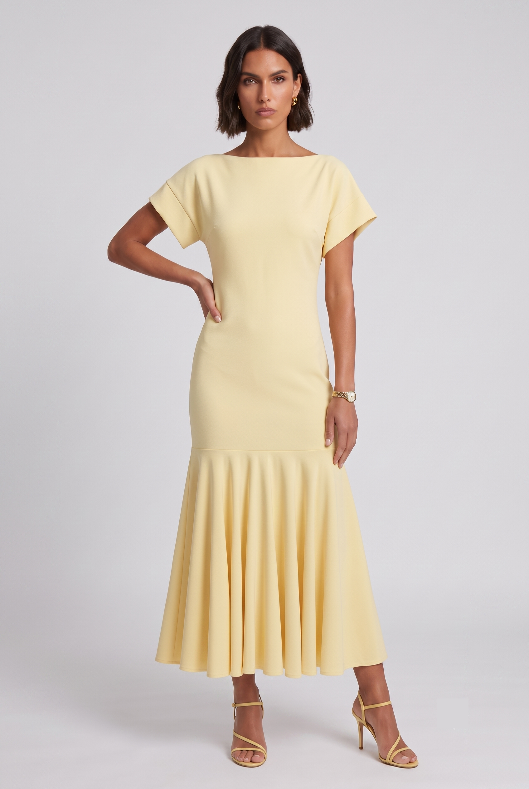 Yellow Boat-Neck Flounce Midi Dress