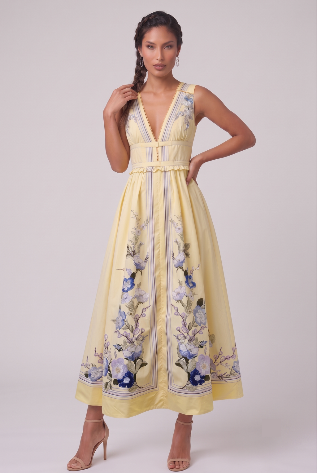 Yellow Floral Embroidered Maxi Dress