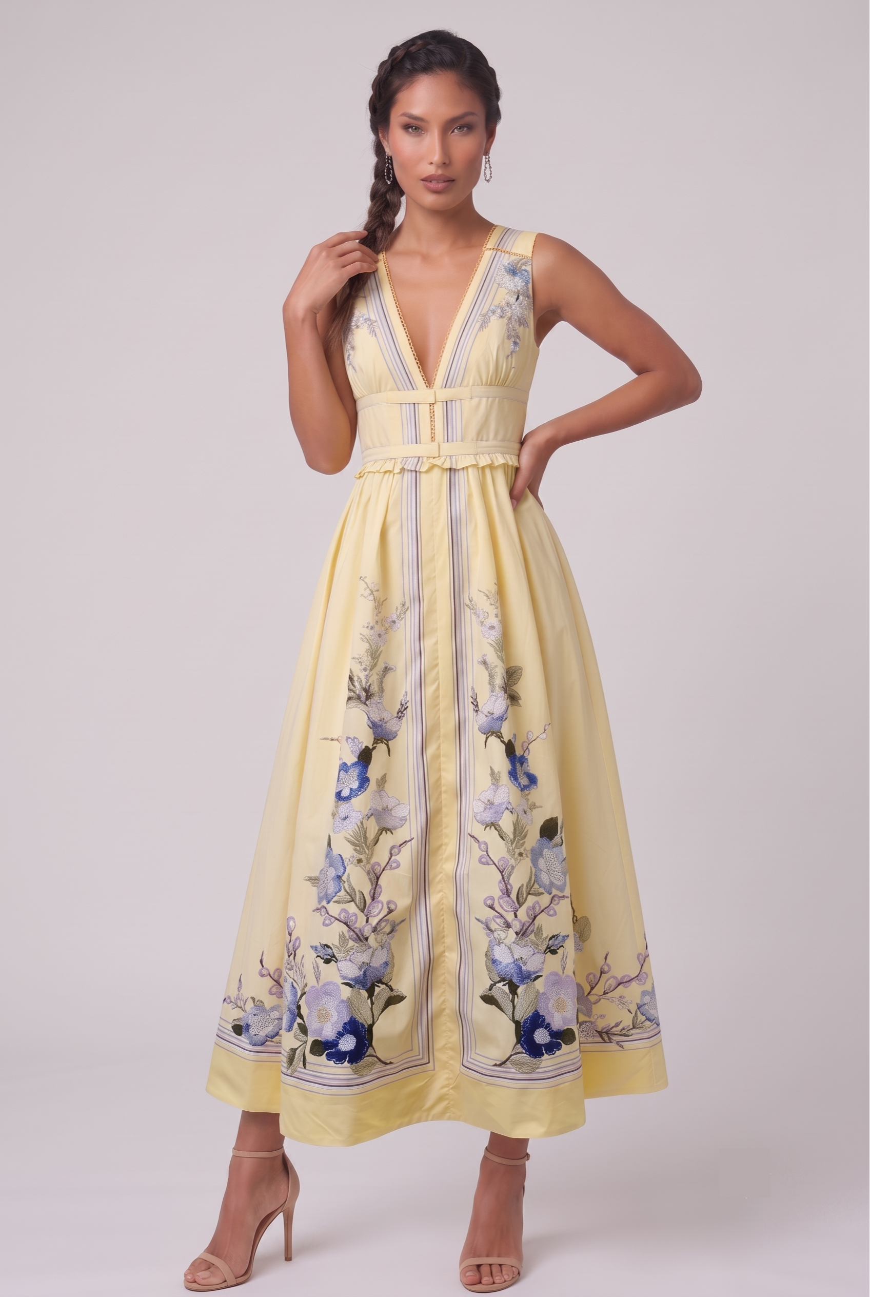 Yellow Floral Embroidered Maxi Dress
