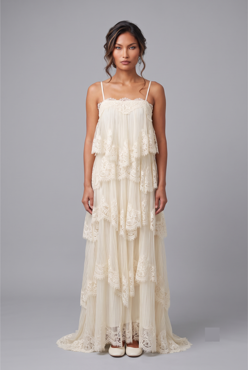 Woman wearing a white lace dress against a gray background