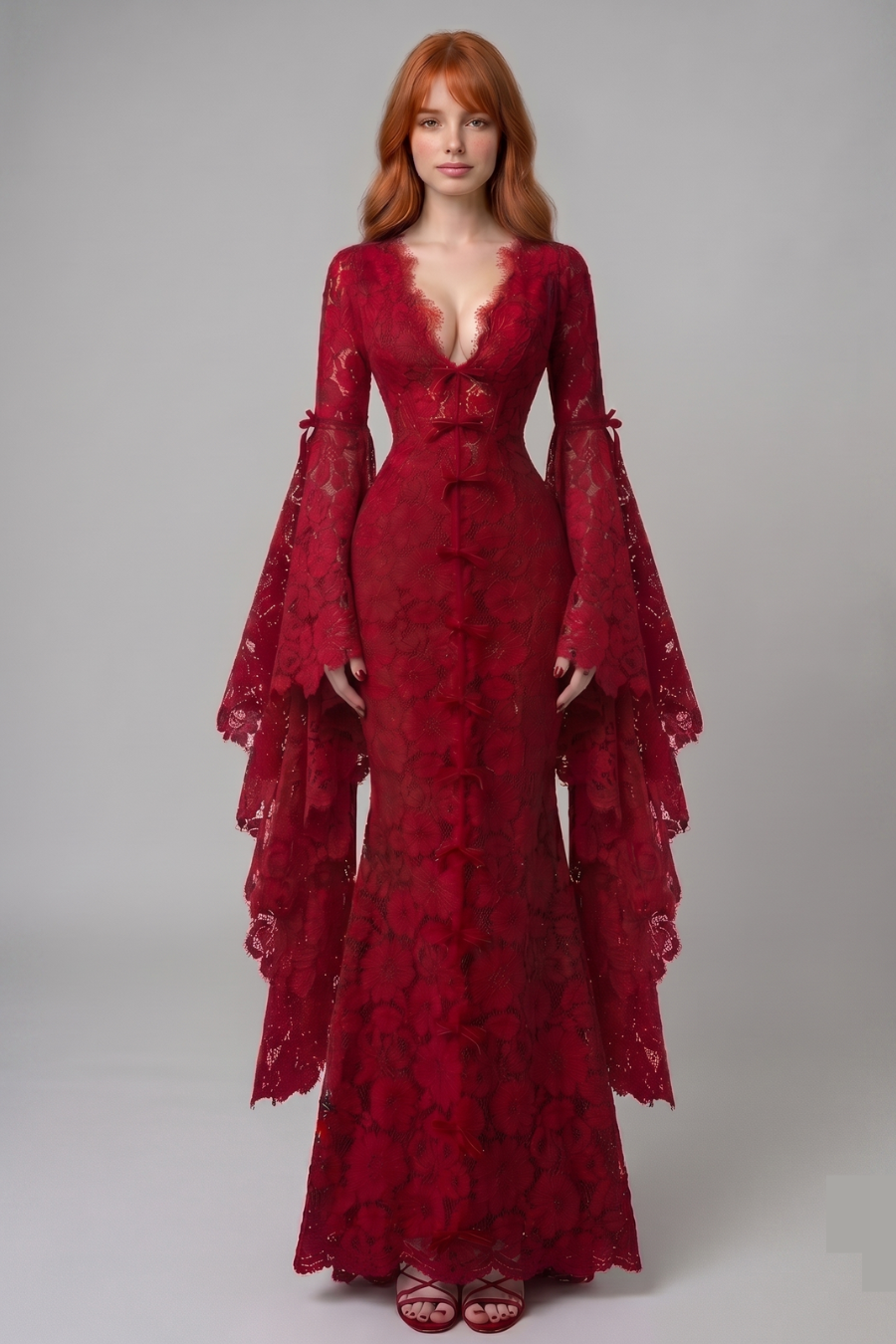 Red lace dress with long sleeves on a plain background