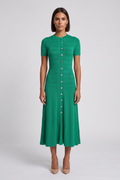 Green Pointelle Knit Button-Front Midi Dress