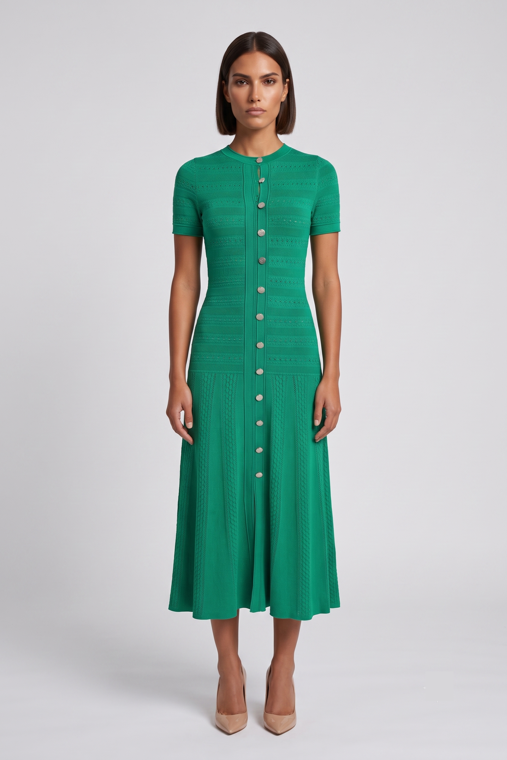 Green Pointelle Knit Button-Front Midi Dress