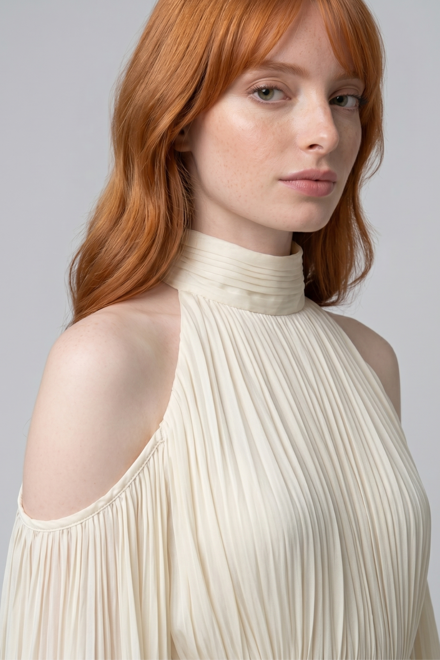 Ivory Cold-Shoulder Pleated Maxi Dress