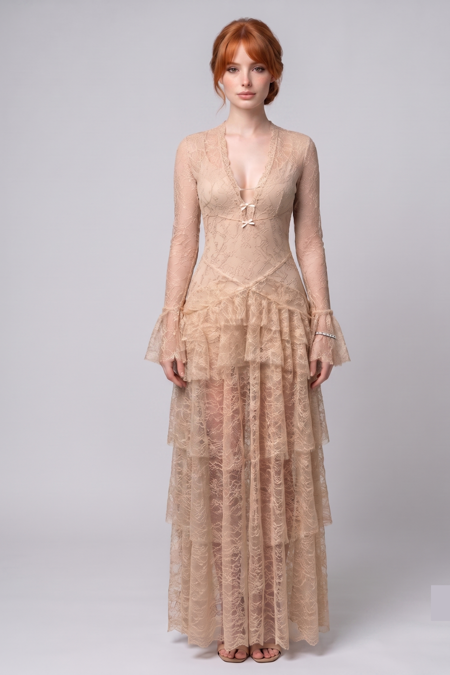 Nude Tiered Lace Maxi Dress