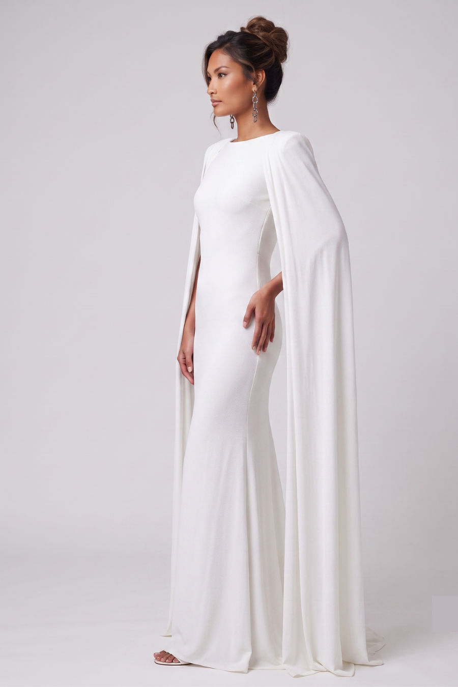 White Cape Sleeve Fitted Gown
