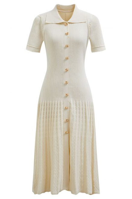 Ivory Ribbed Knit Collared Midi Dress