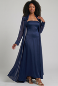 Navy Strapless Dress with Sheer Long Jacket