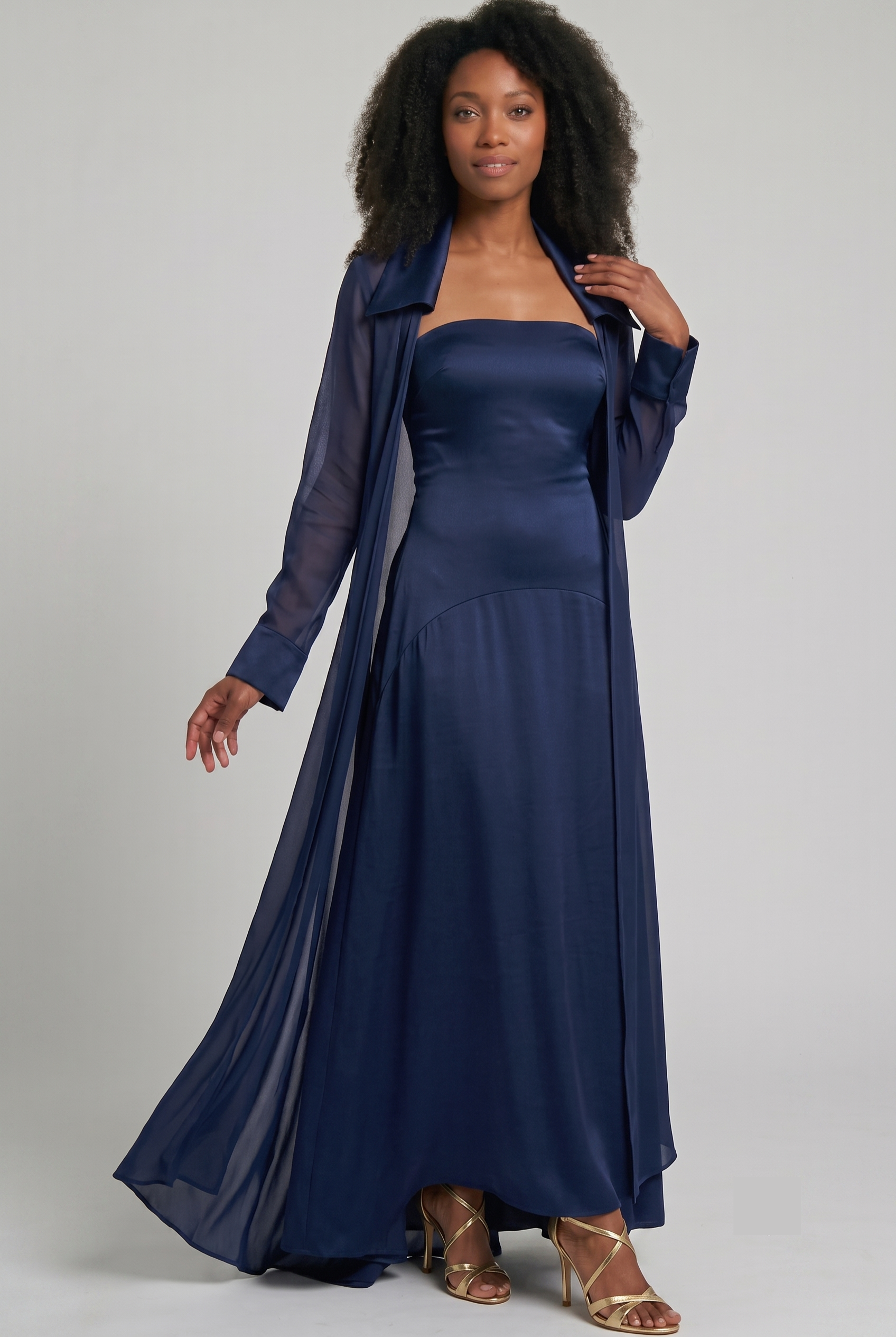 Navy Strapless Dress with Sheer Long Jacket