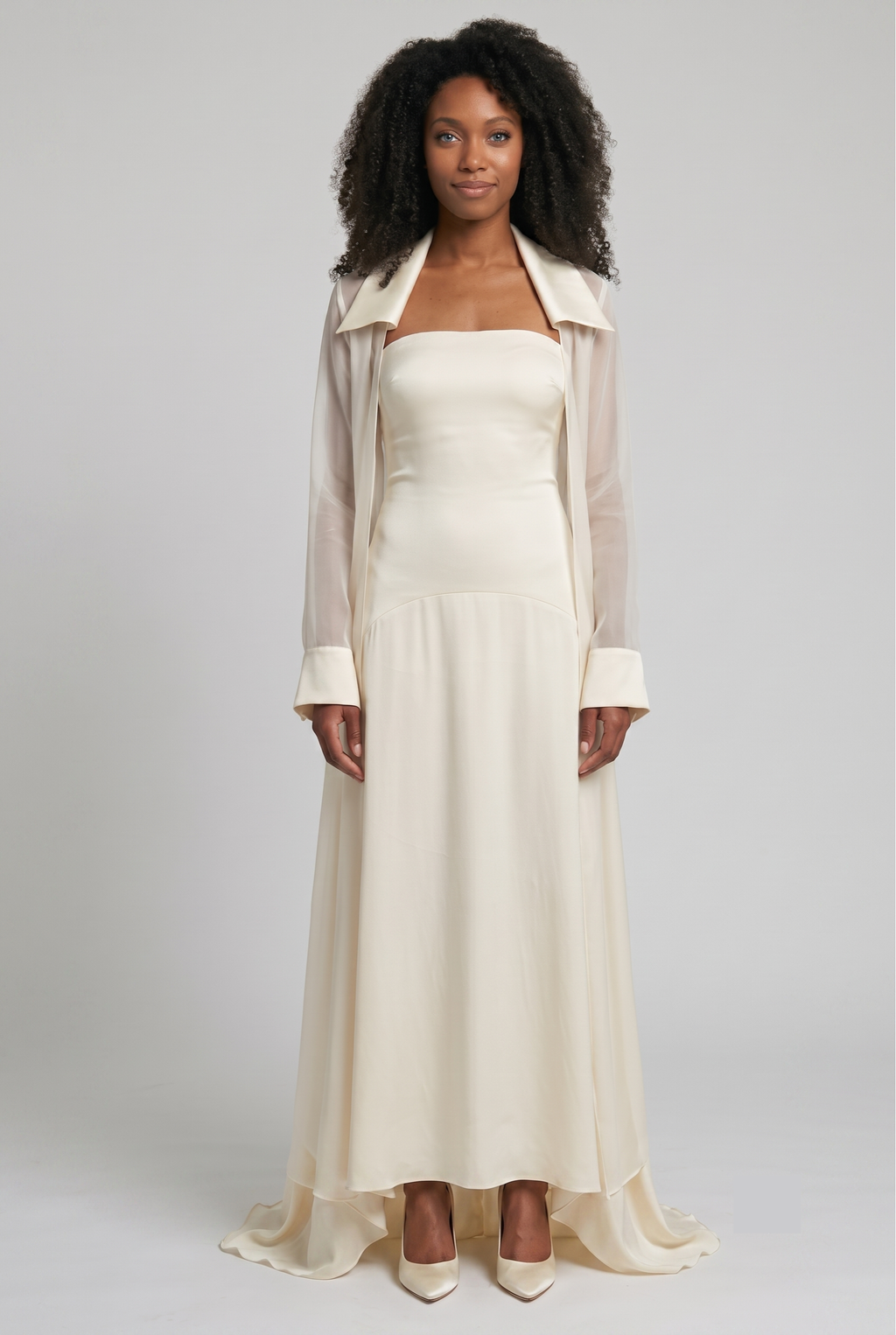 Ivory Square-Neck Puff Sleeve Gown