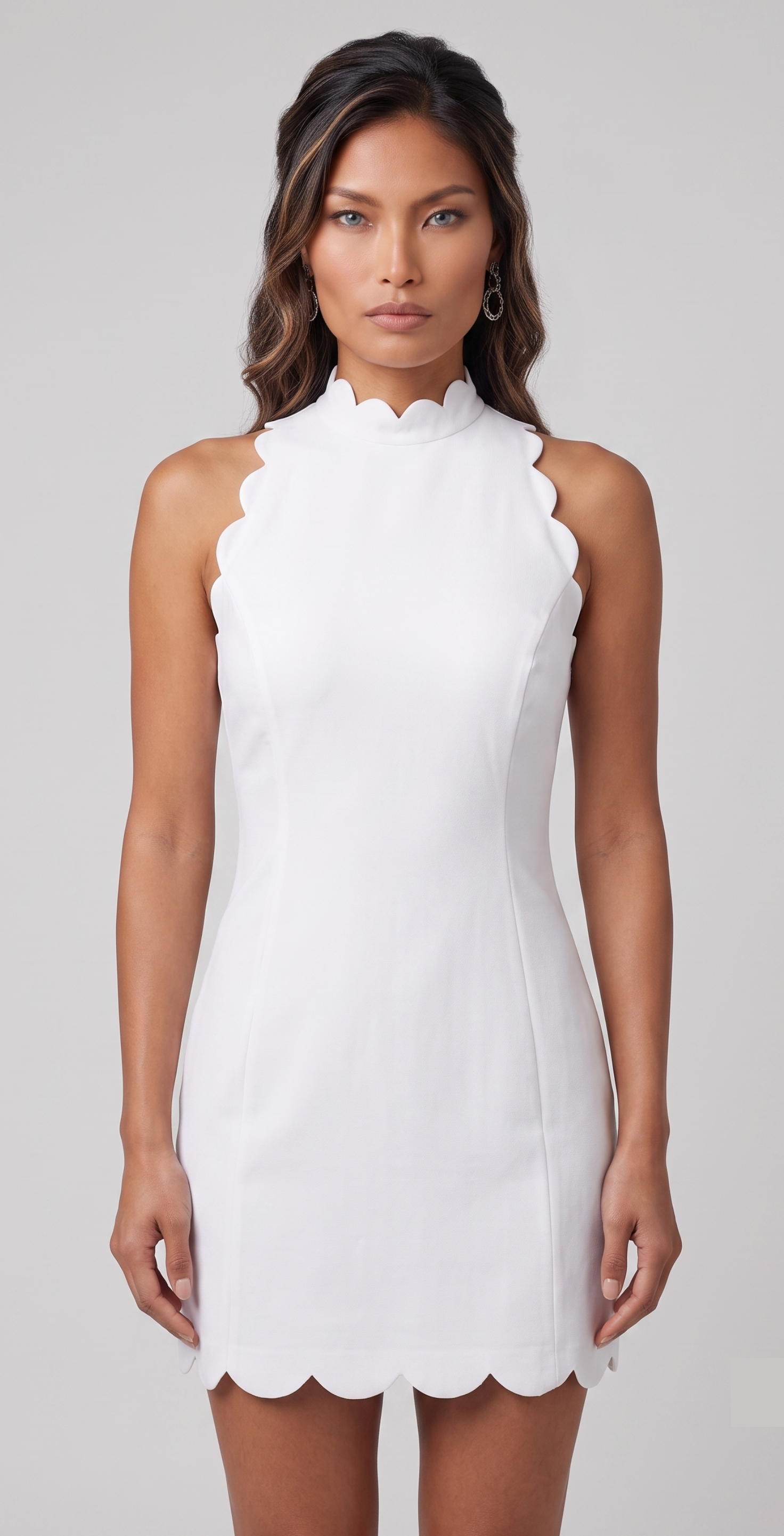 White Scalloped Mock-Neck Mini Dress