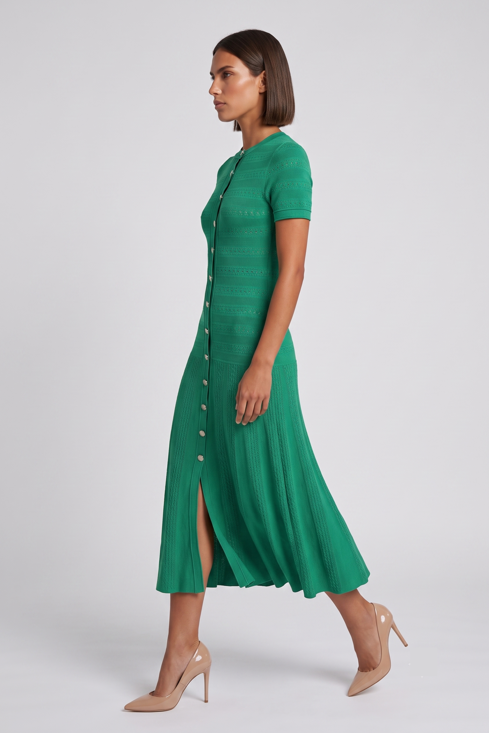 Green Pointelle Knit Button-Front Midi Dress