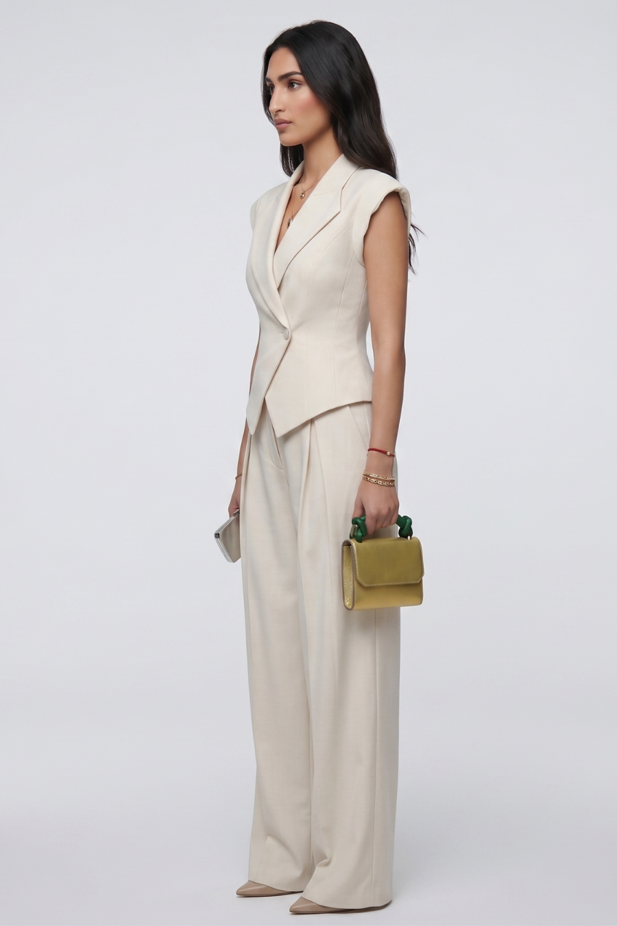 Ivory Sleeveless Blazer & Wide-Leg Trouser Set