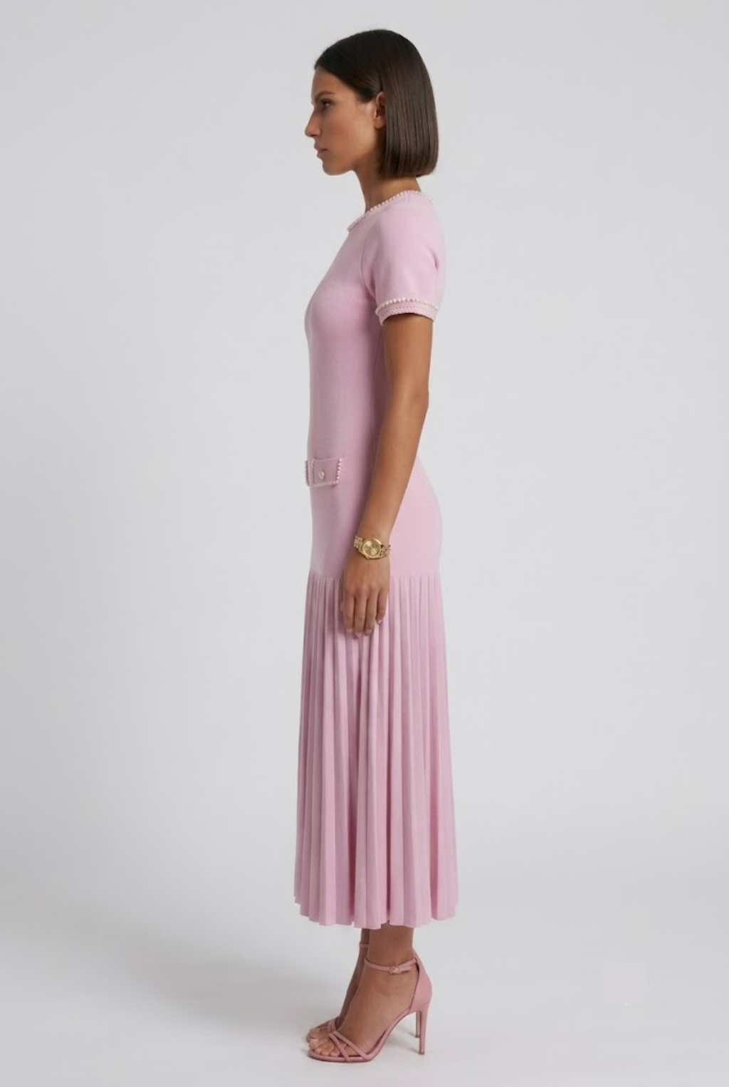 Pink Pearl-Trim Pleated Knit Dress
