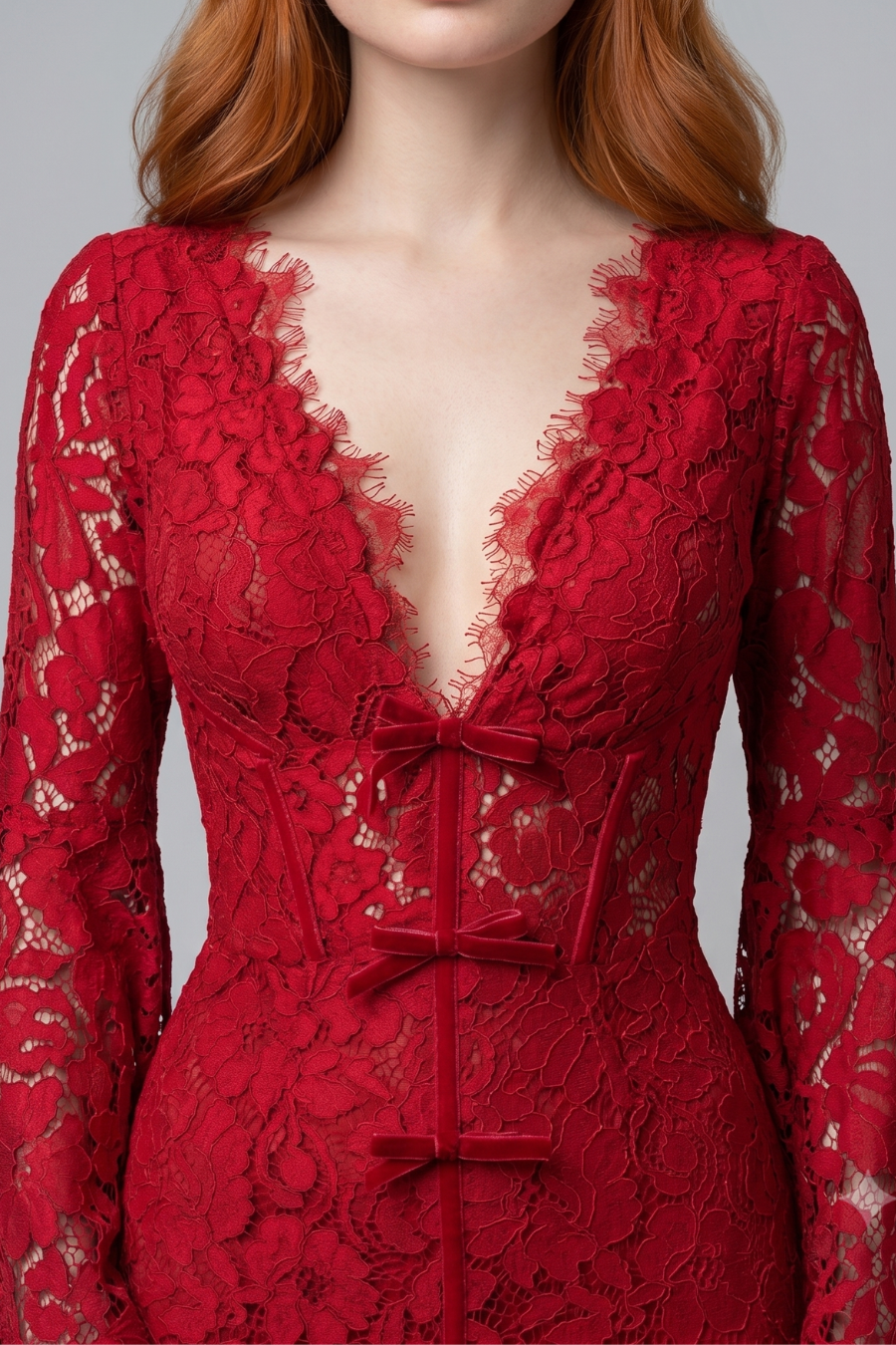 Red Lace Bell-Sleeve Mermaid Gown