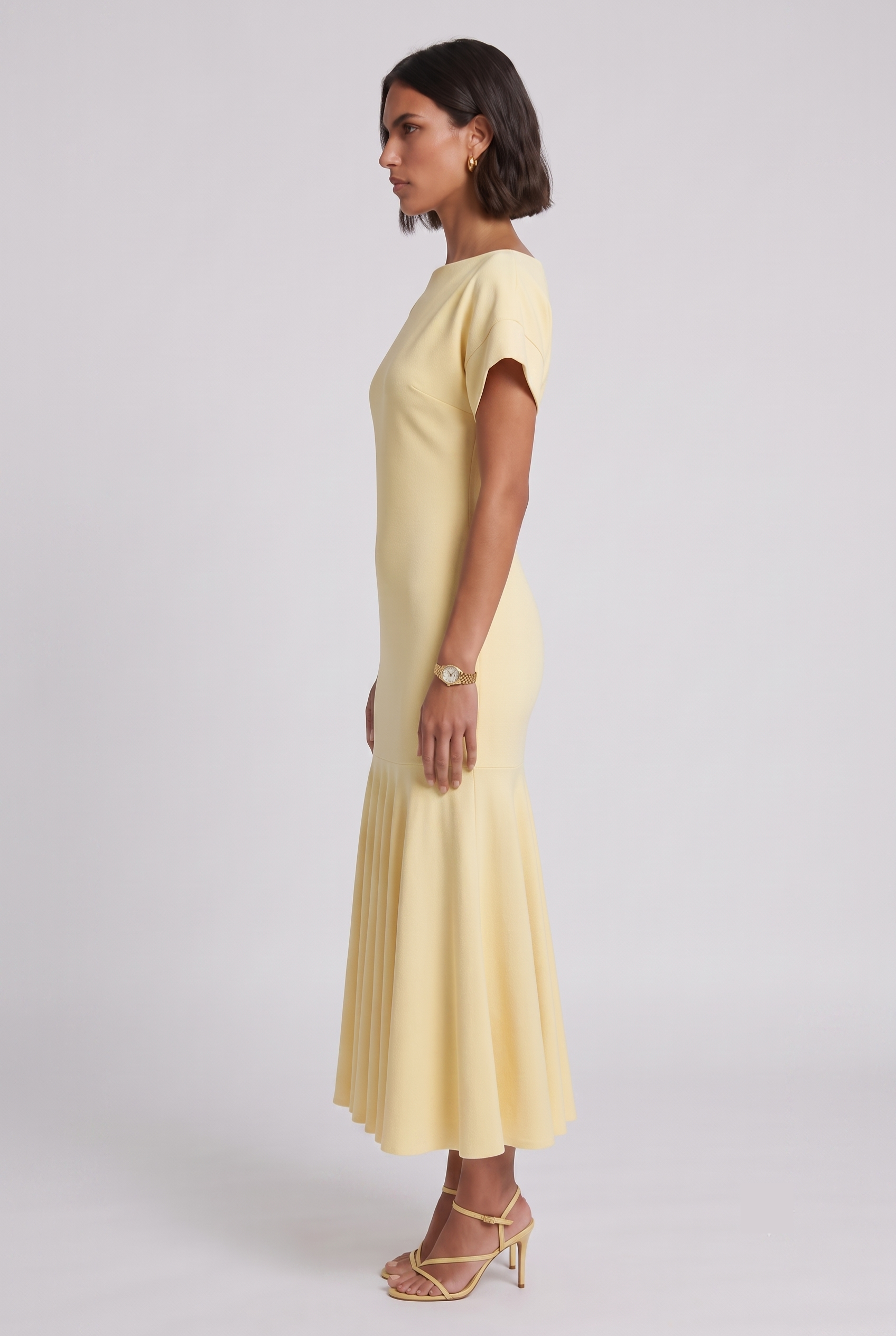 Yellow Boat-Neck Flounce Midi Dress