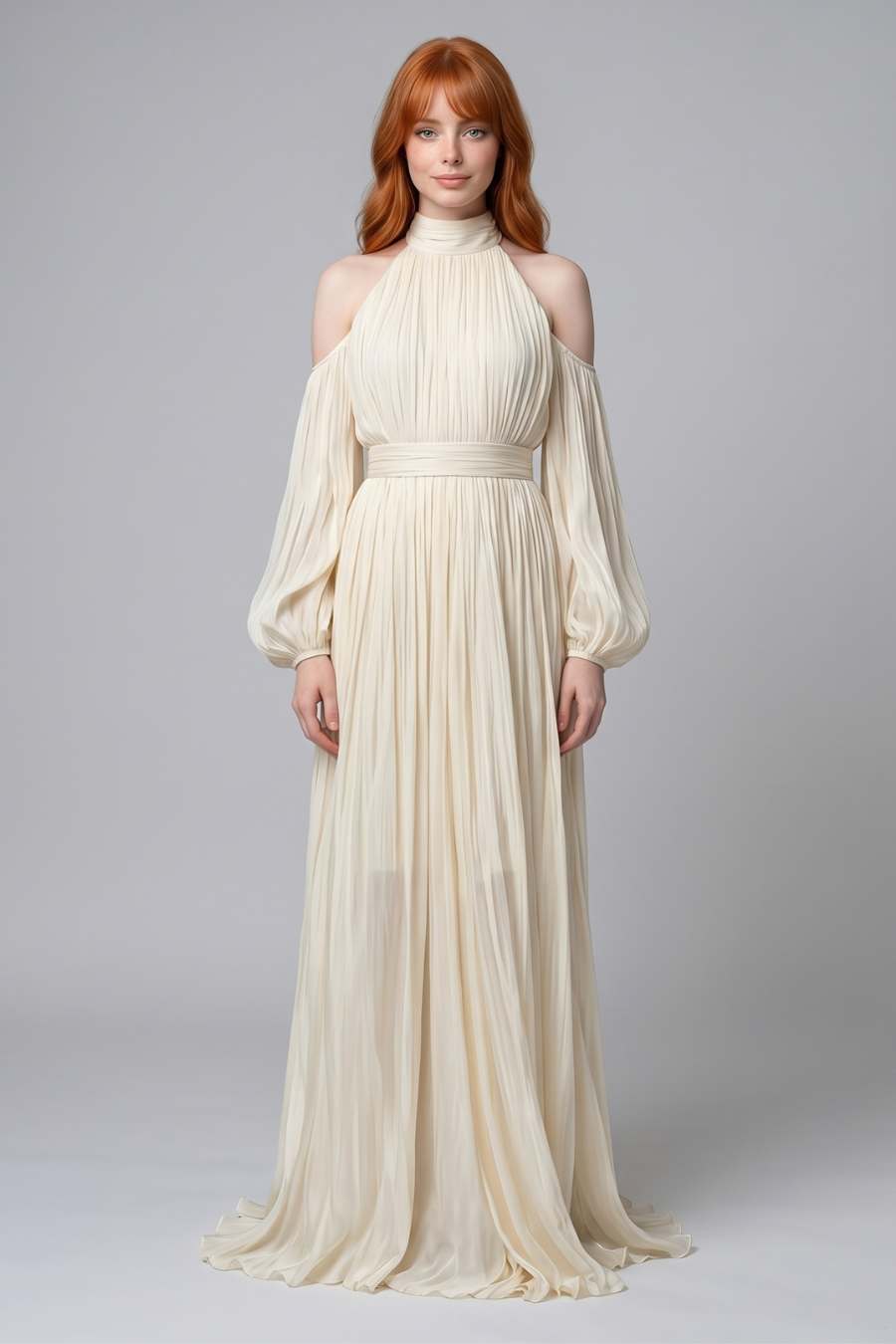 Ivory Cold-Shoulder Pleated Maxi Dress