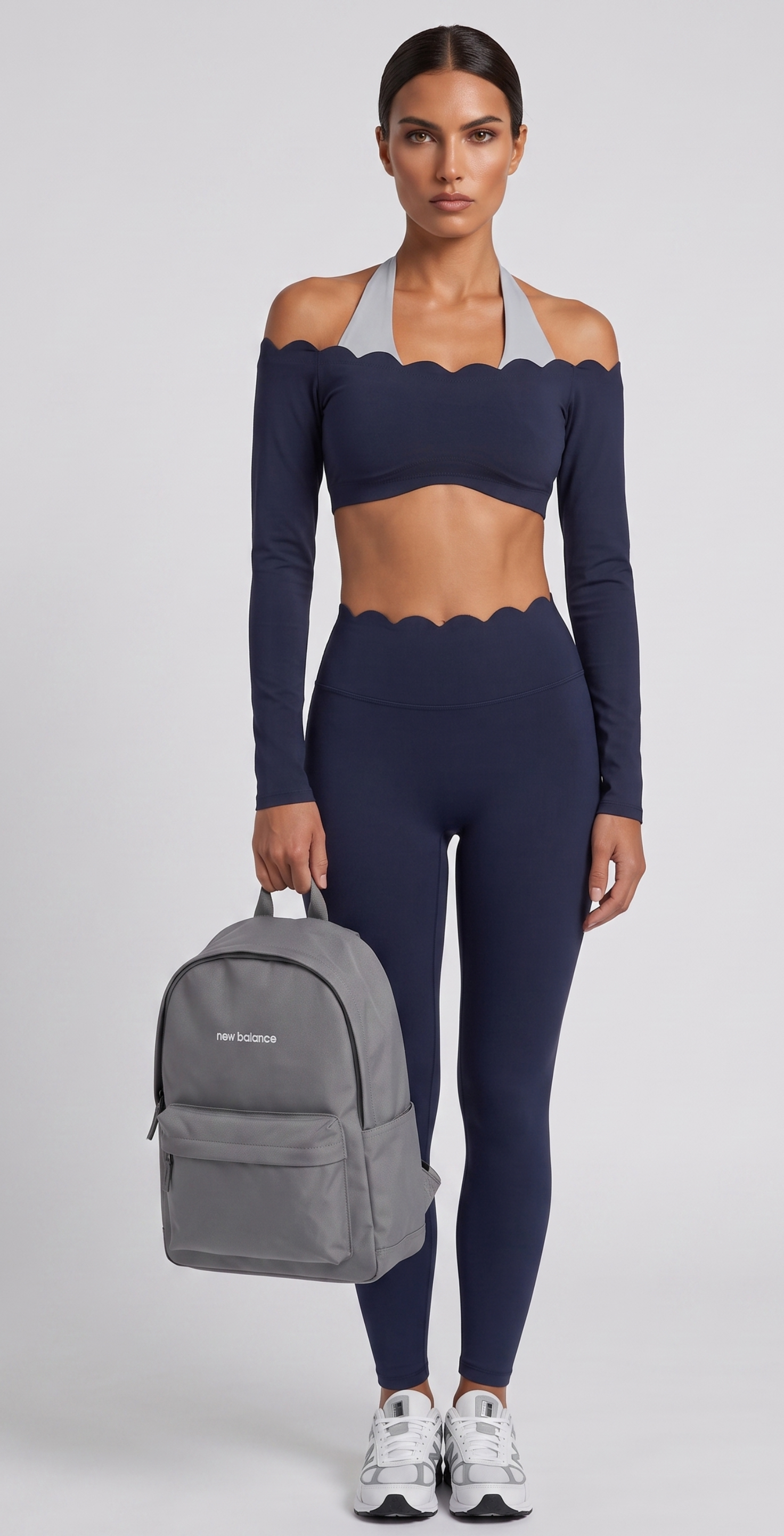 Navy Off-Shoulder Scalloped Activewear Set