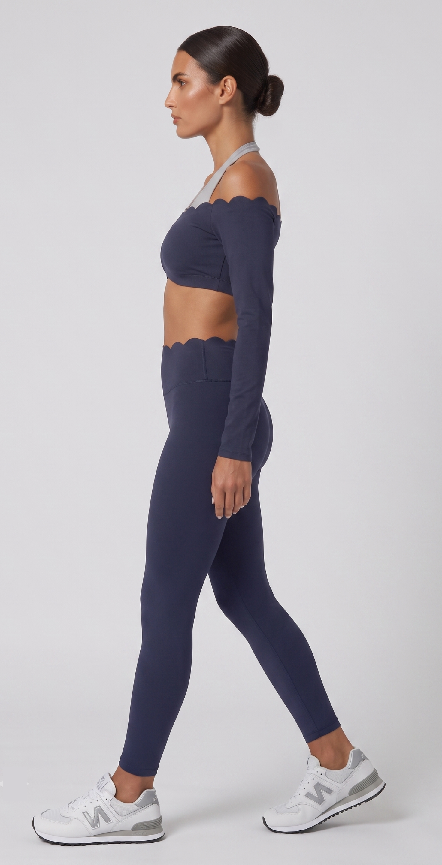 Navy Off-Shoulder Scalloped Activewear Set