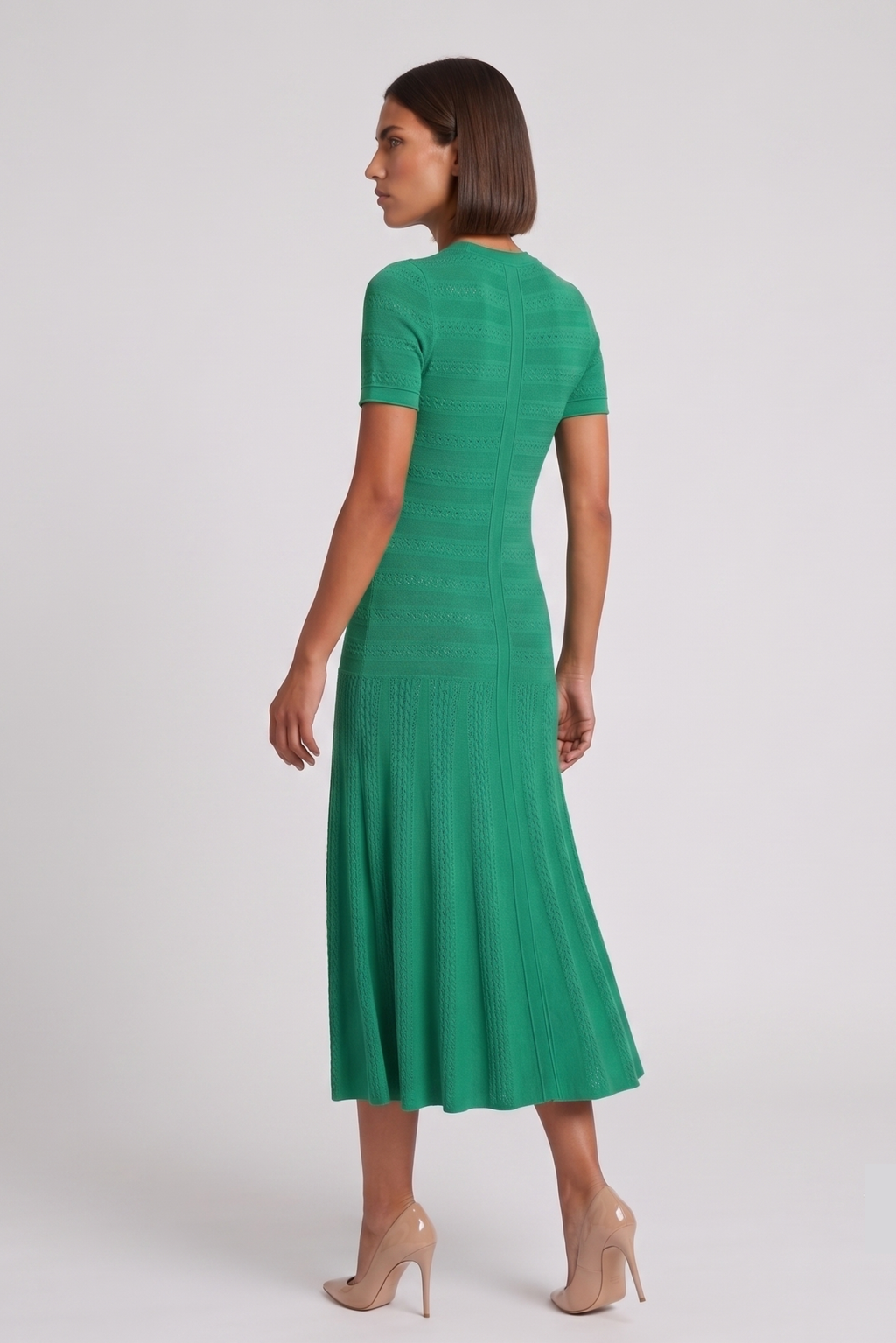 Green Pointelle Knit Button-Front Midi Dress