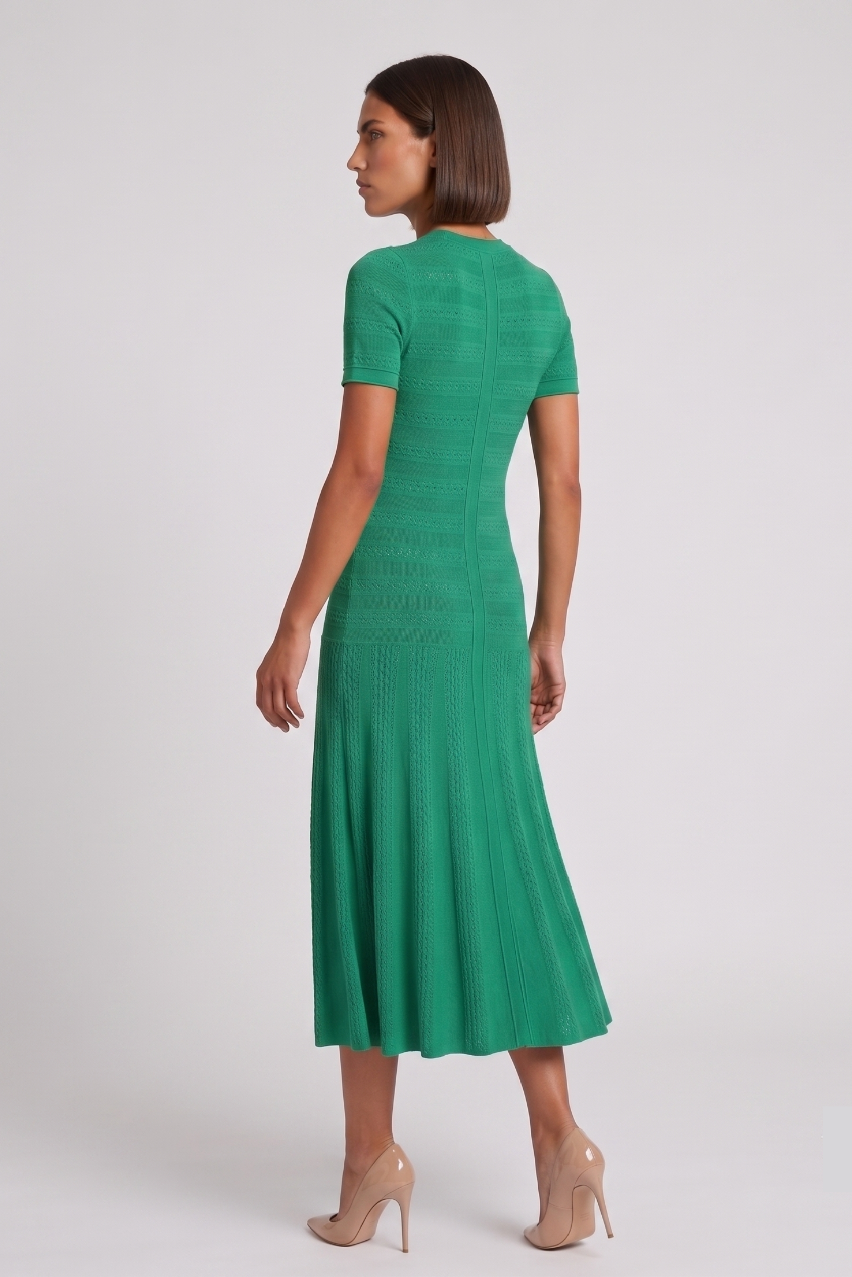 Green Pointelle Knit Button-Front Midi Dress