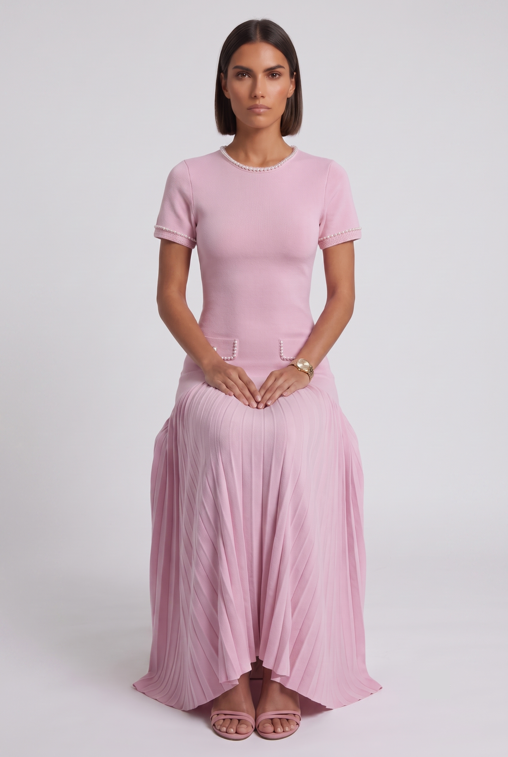 Pink Pearl-Trim Pleated Knit Dress