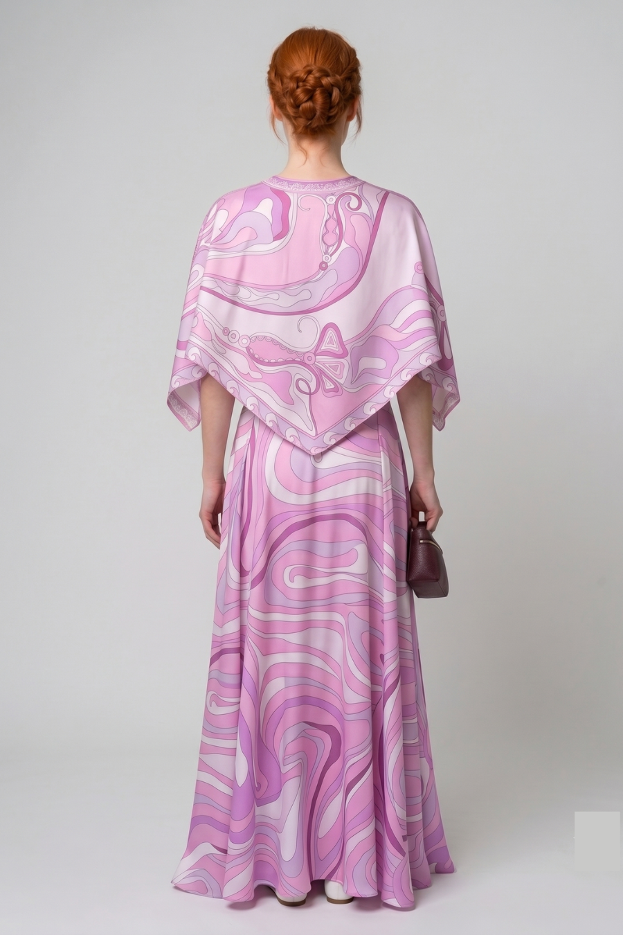Pink Swirl Print Cape Top & Maxi Skirt Set