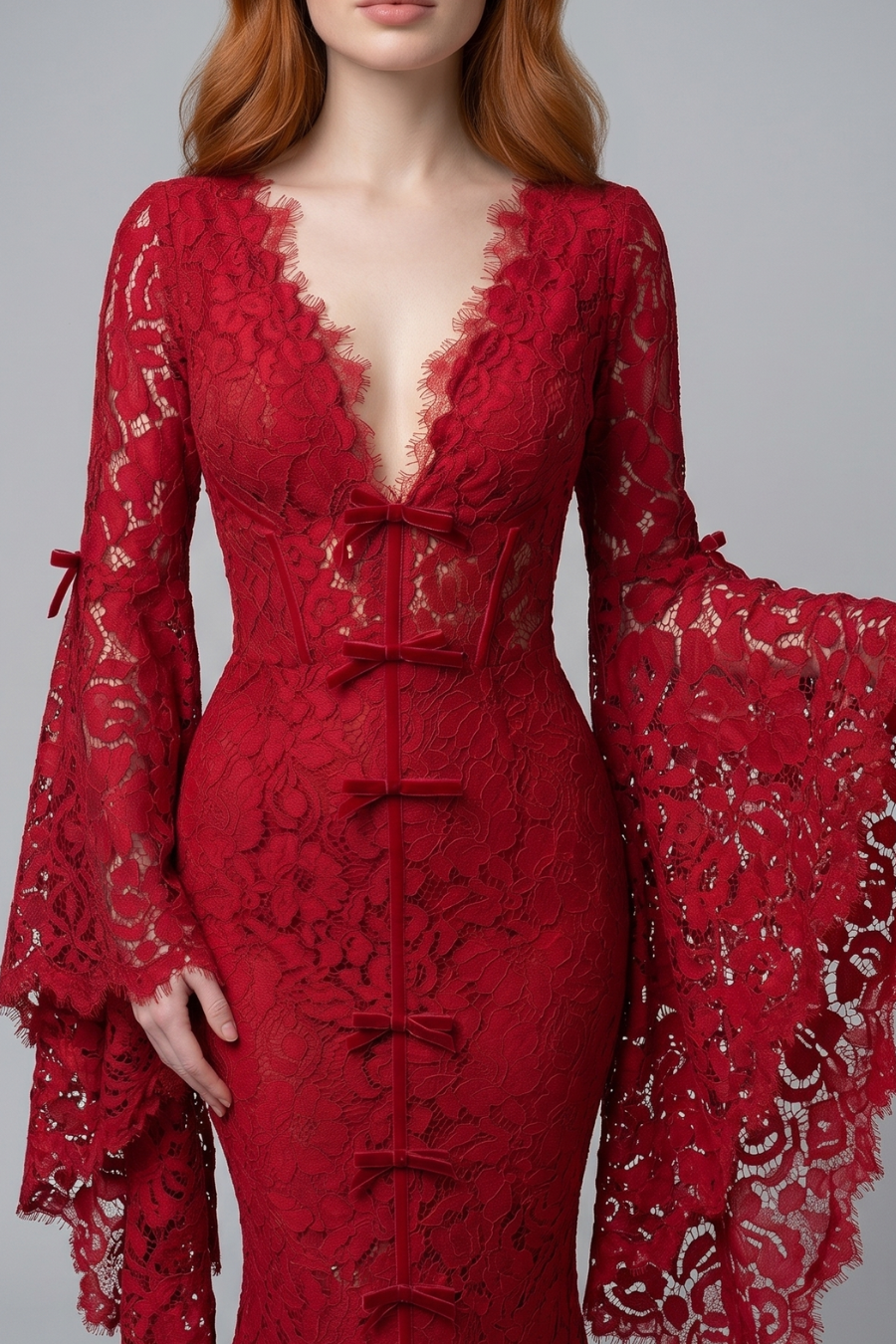 Red Lace Bell-Sleeve Mermaid Gown