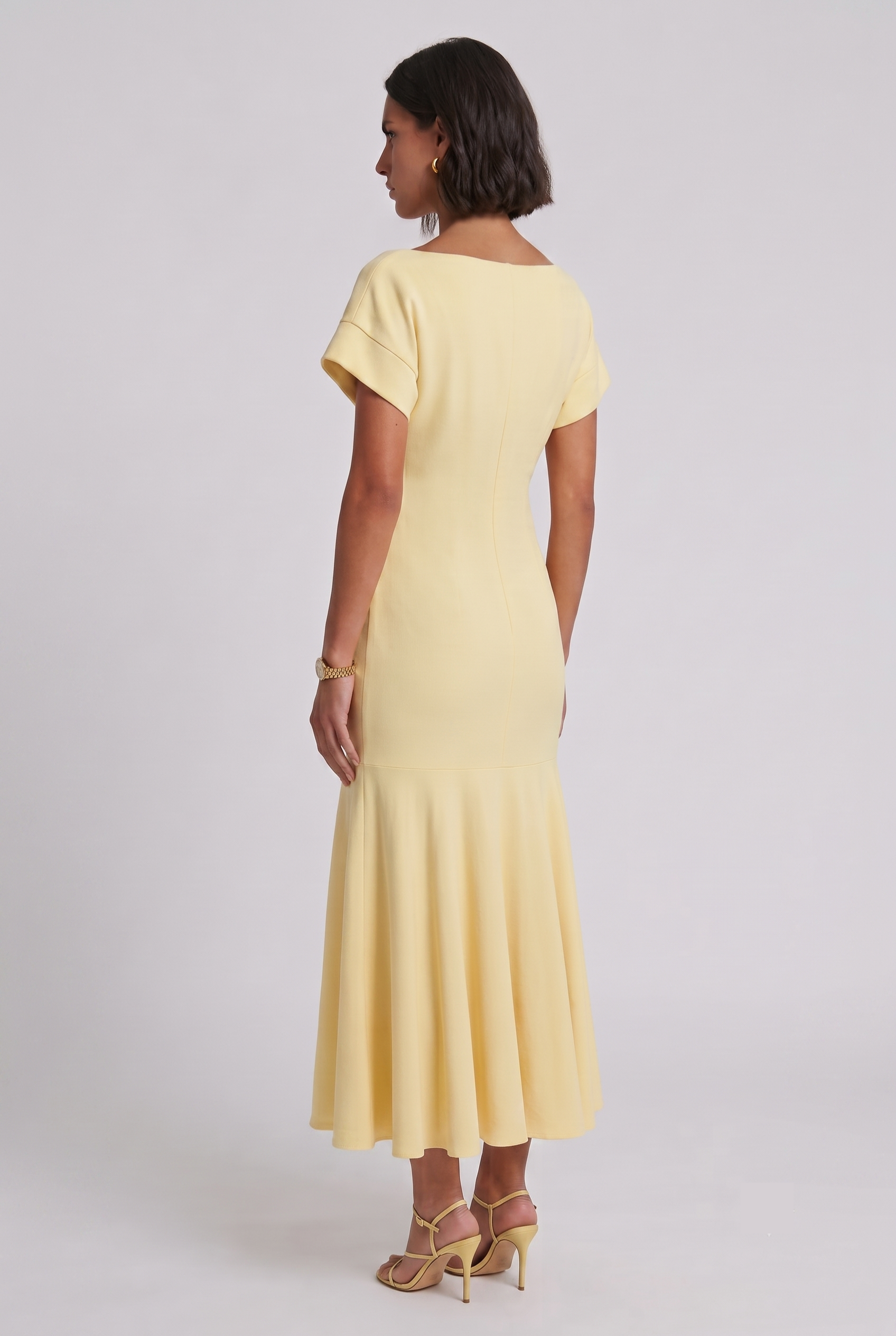 Yellow Boat-Neck Flounce Midi Dress