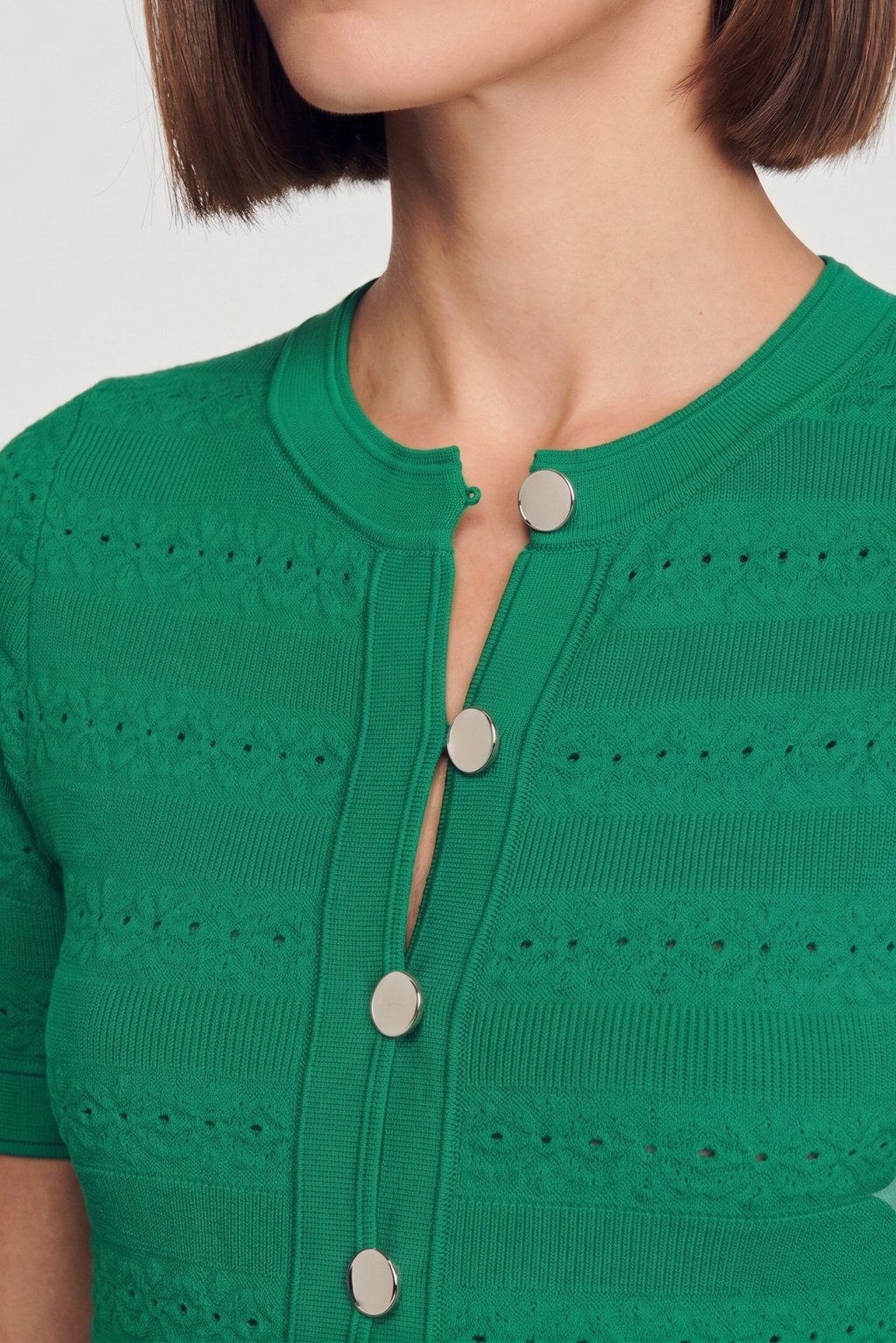 Green Pointelle Knit Button-Front Midi Dress
