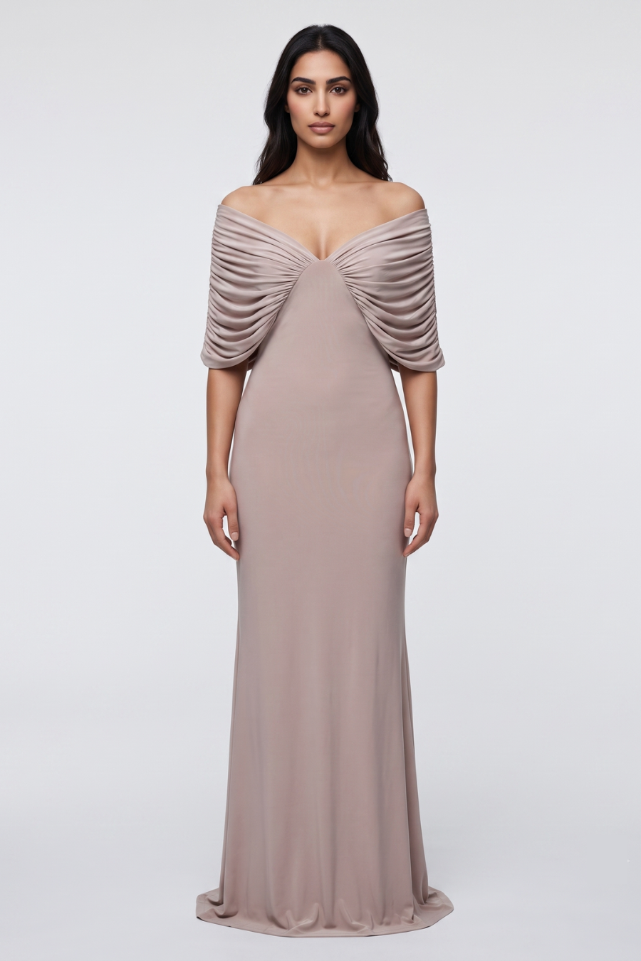 Grey Off-Shoulder Draped Cape Gown