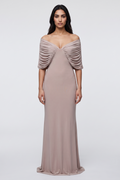 Grey Off-Shoulder Draped Cape Gown