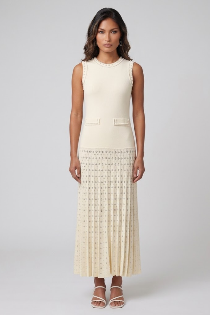 Ivory Pearl-Trim Pleated Midi Dress