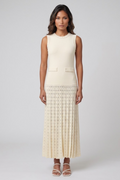 Ivory Pearl-Trim Pleated Midi Dress