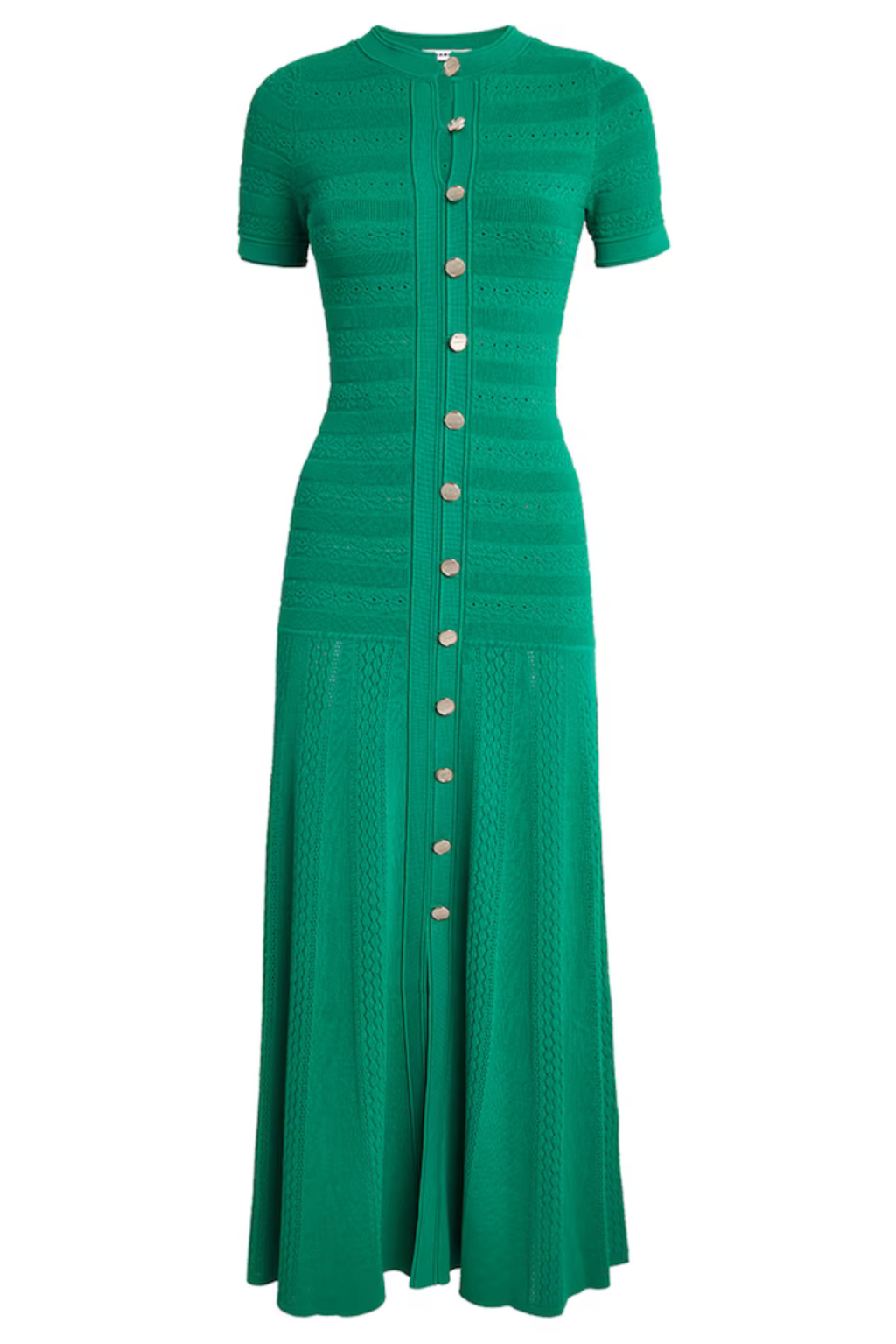 Green Pointelle Knit Button-Front Midi Dress