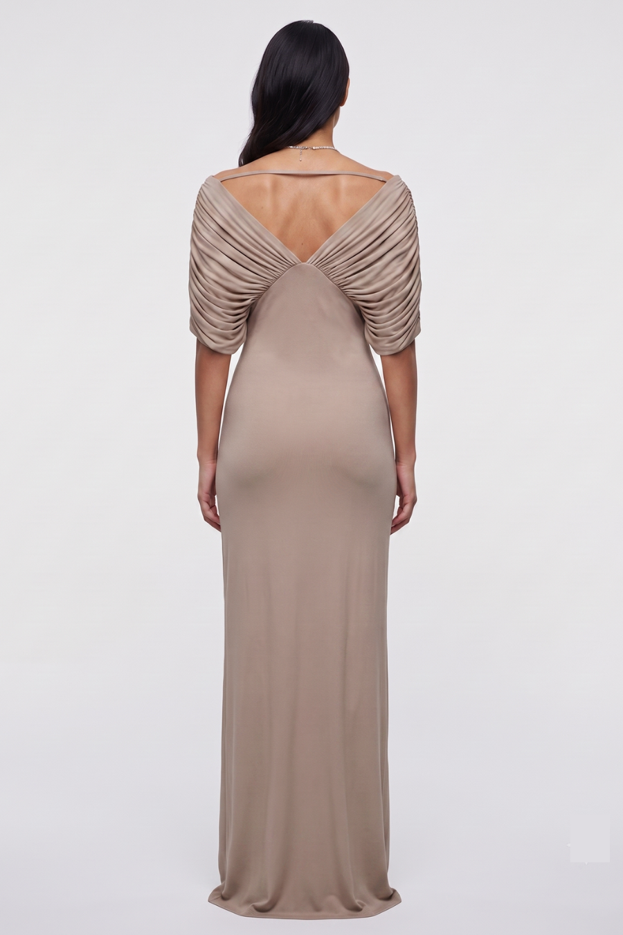 Grey Off-Shoulder Draped Cape Gown