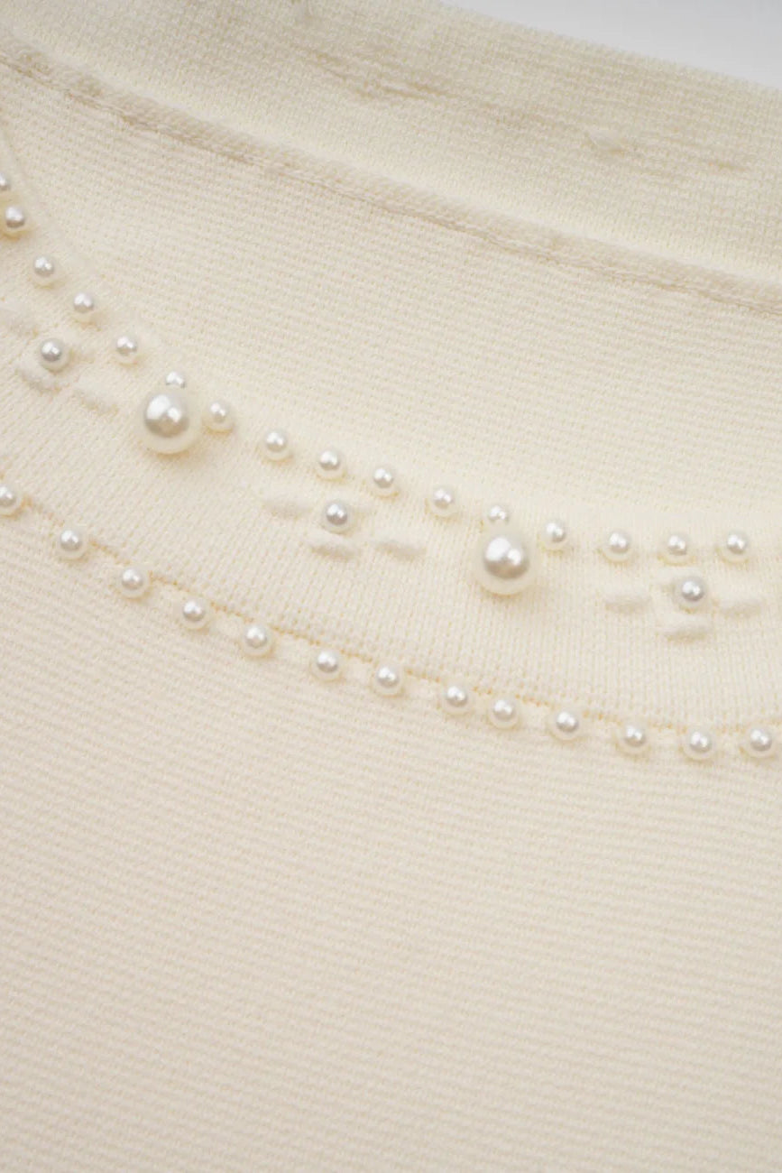 Ivory Pearl-Trim Pleated Midi Dress
